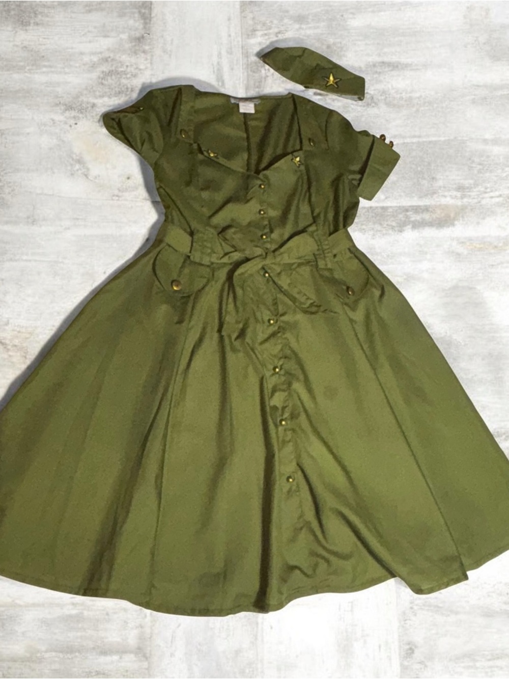 Vintage style Retro Army Combat Dress Halloween Costume w/ Waist Tie & Hat Size